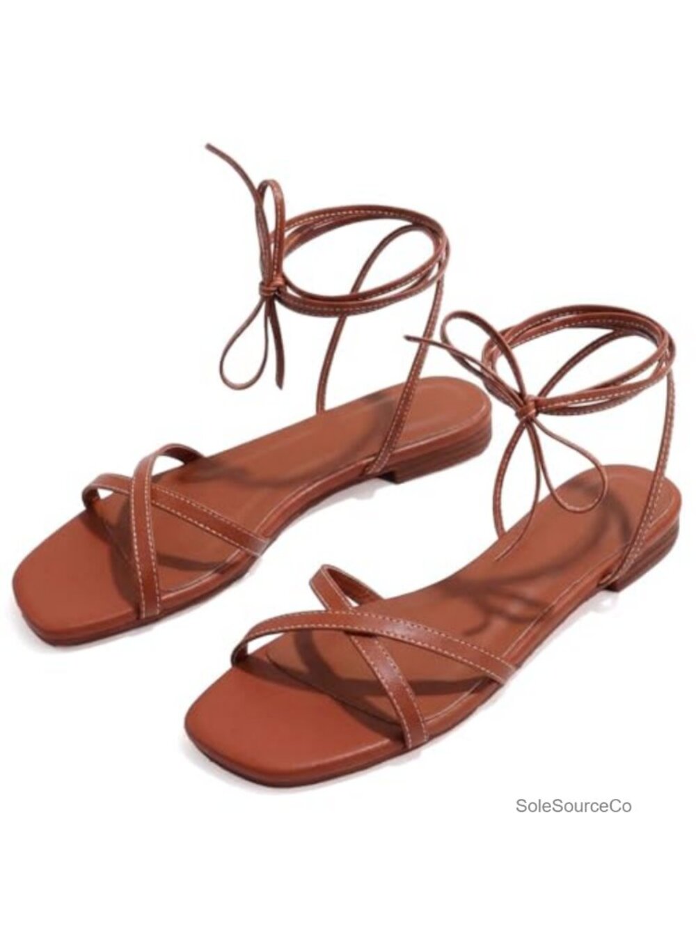 Strappy Flat Sandals Women Square Toe Lace Up Slide Gladiator Beach Shoes